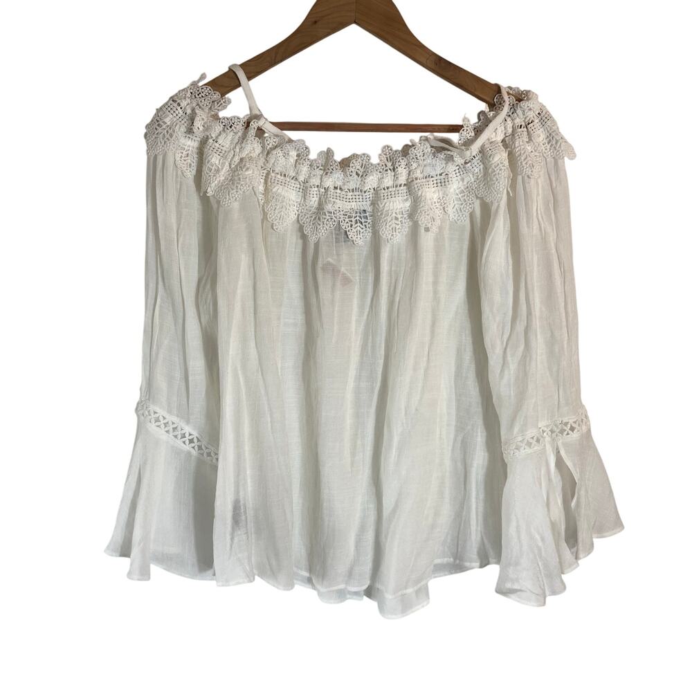 White Semi-Sheer Crochet Trim Blouse XL Bell Sleeve Fairycore Boho‎ Western